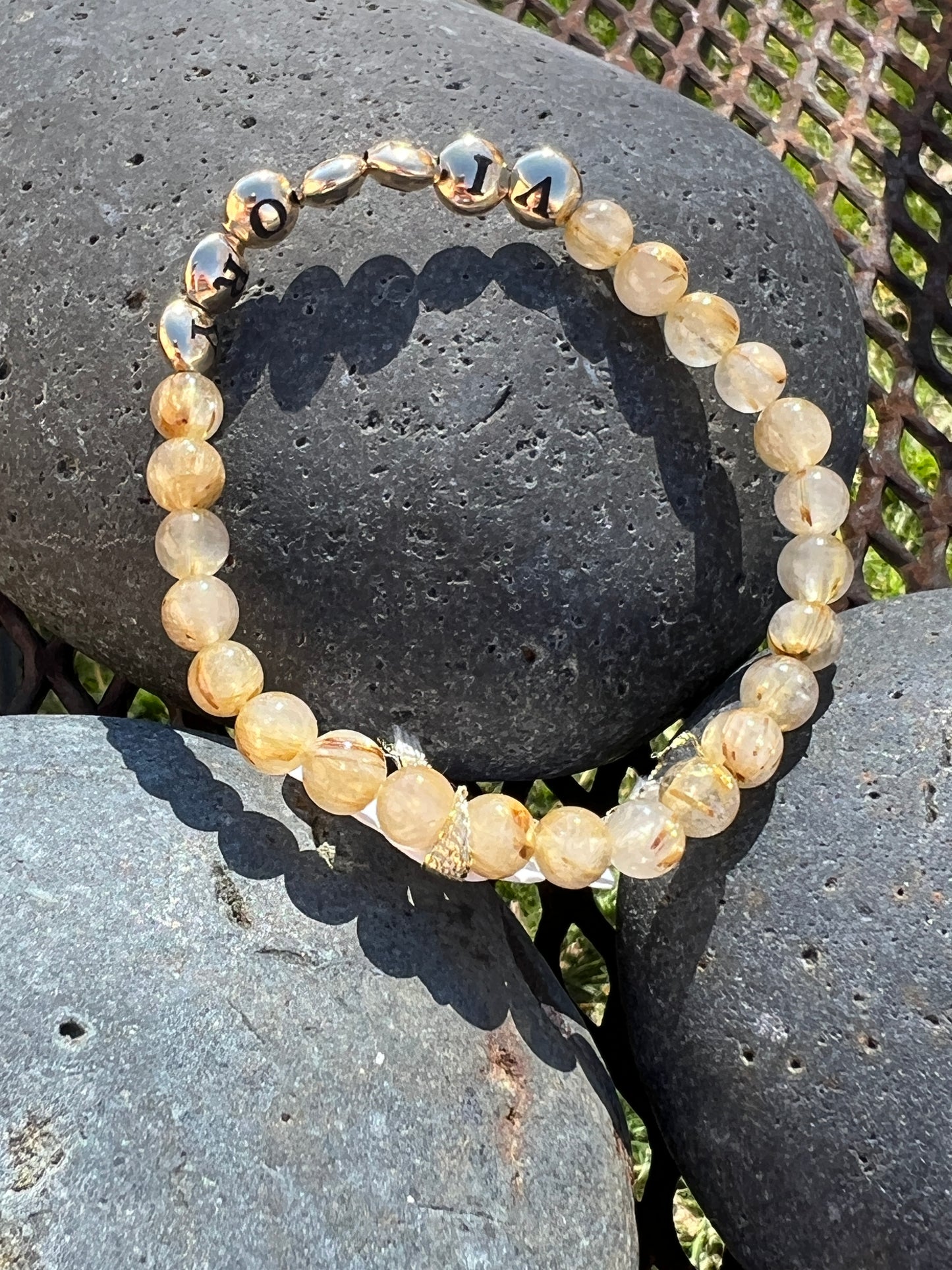 Gold Rutile Quartz Mantra Power Stack Bracelet