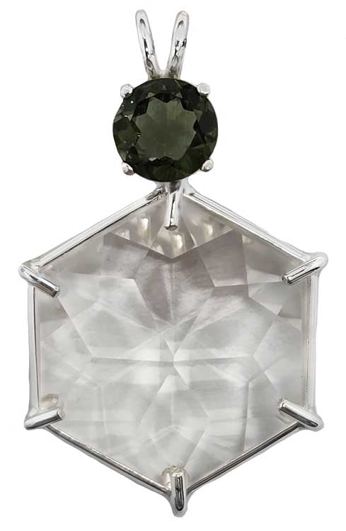 Clear Quartz Flower of Life with round cut Moldavite